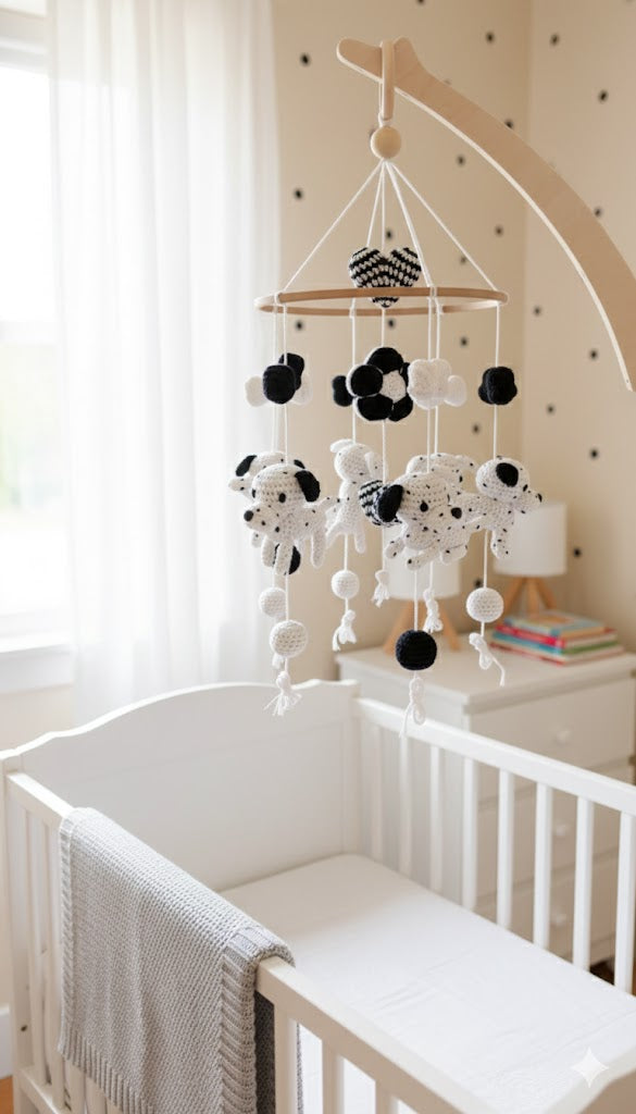Mobile Bébé noir et blanc Évolutif "Les adorables Dalmatiens" - Crochet Fait Main
