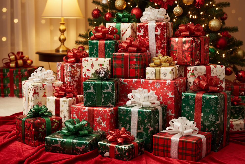 pile de cadeaux noel emballés avec papier de cadeaux